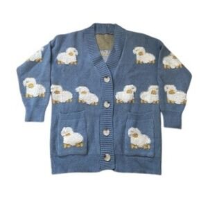 Blue Sheep Pattern Knit Cardigan Sweater with Textured Boucle Details Pockets